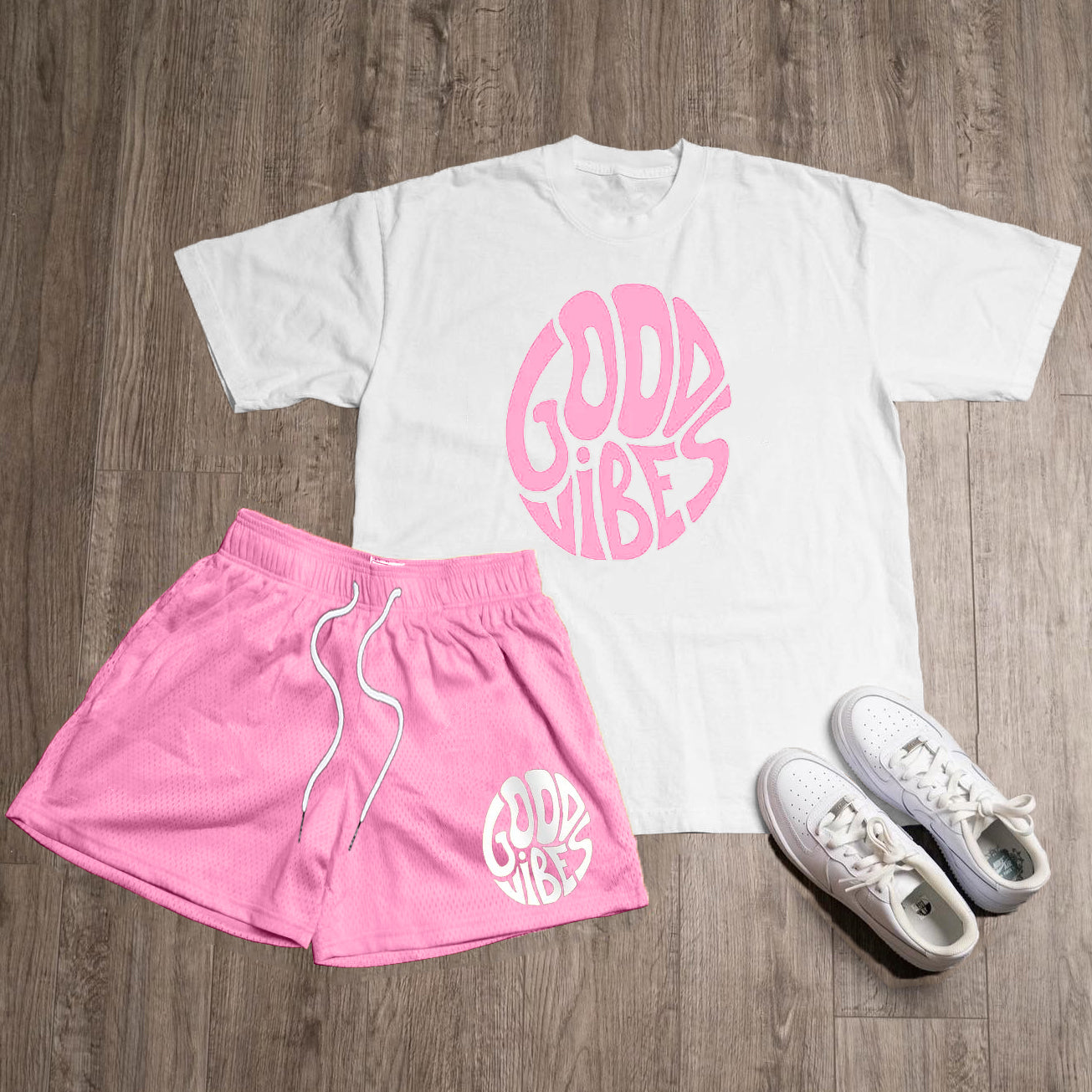 Good Vibes Print T-Shirt Shorts Two-Piece Set