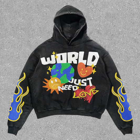 World Print Long Sleeve Hoodie