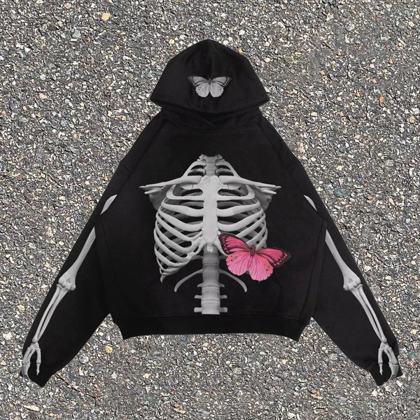 Fashion Rib Butterfly Print Hoodie