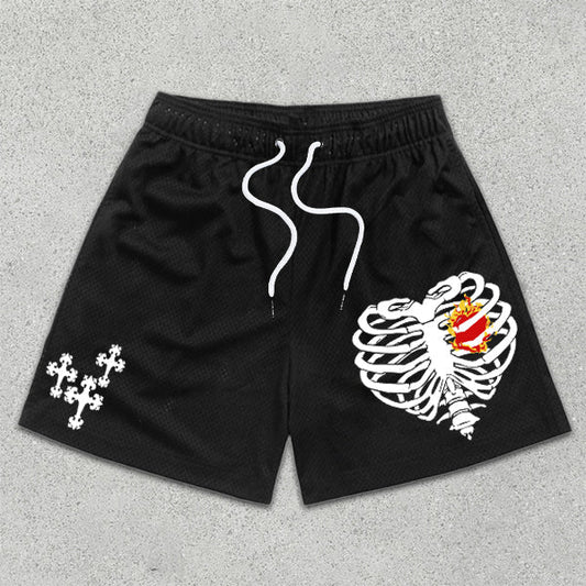 Rib Heart Print Drawstring Shorts