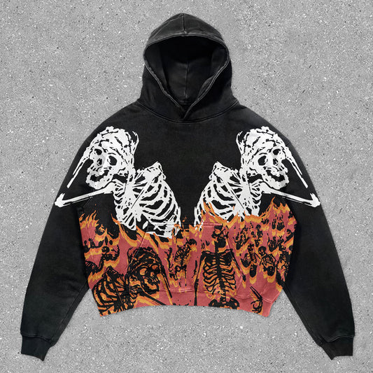 Vintage Skull Print Long Sleeve Oversized Hoodie