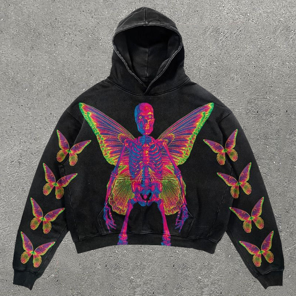 Skull & Butterfly Print Long Sleeve Hoodie