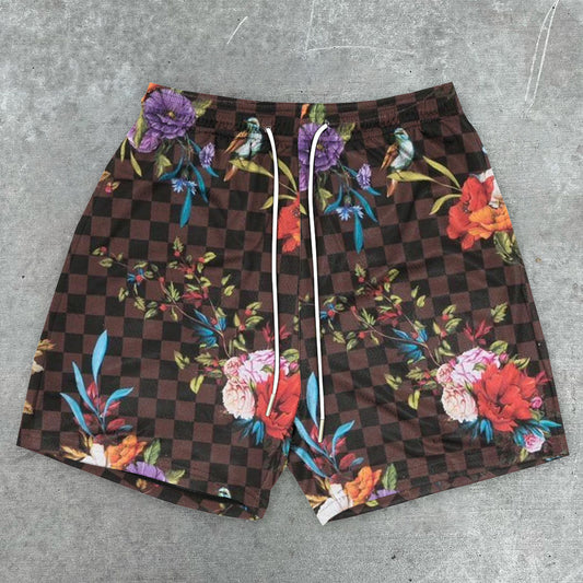 Vintage Artistic Check Print Shorts