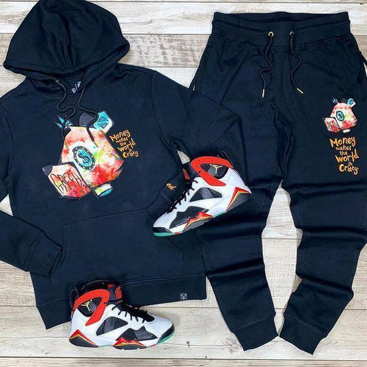 Casual retro sports print hoodie sweatpants set