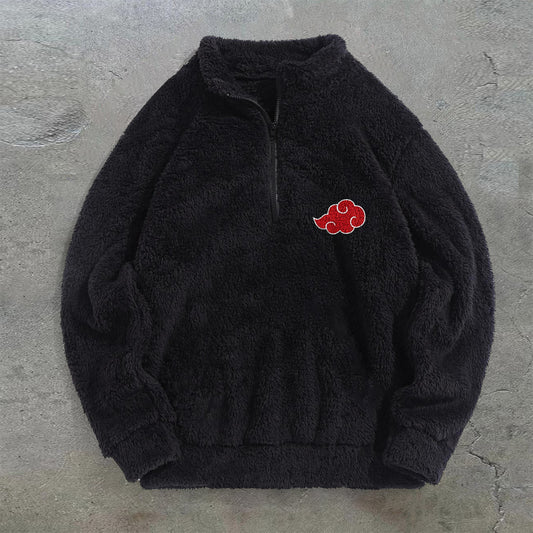 Vintage Print Plush Turtleneck Zip-Up Hoodie