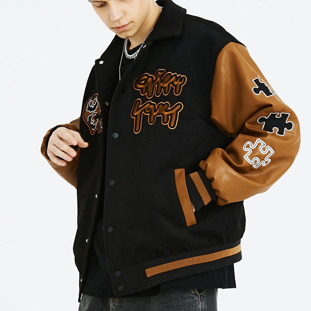 Jigsaw embroidery loose tide brand stitching lapel baseball style casual jacket