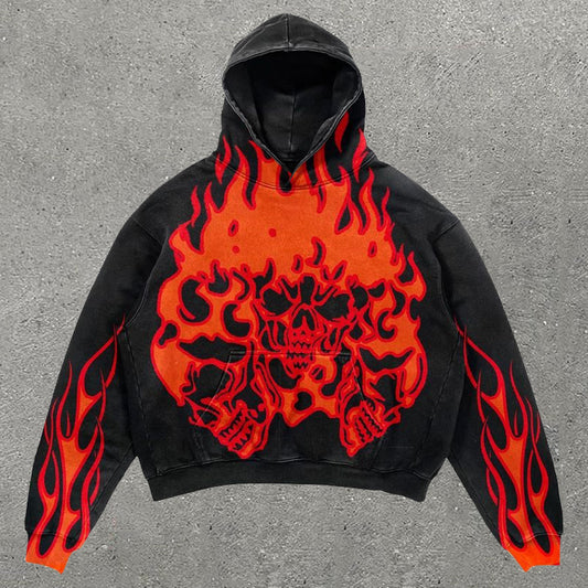 Skull Flame Print Long Sleeve Hoodie