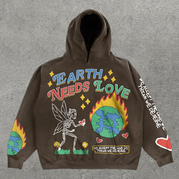 Earth Needs Love Print Long Sleeve Hoodie