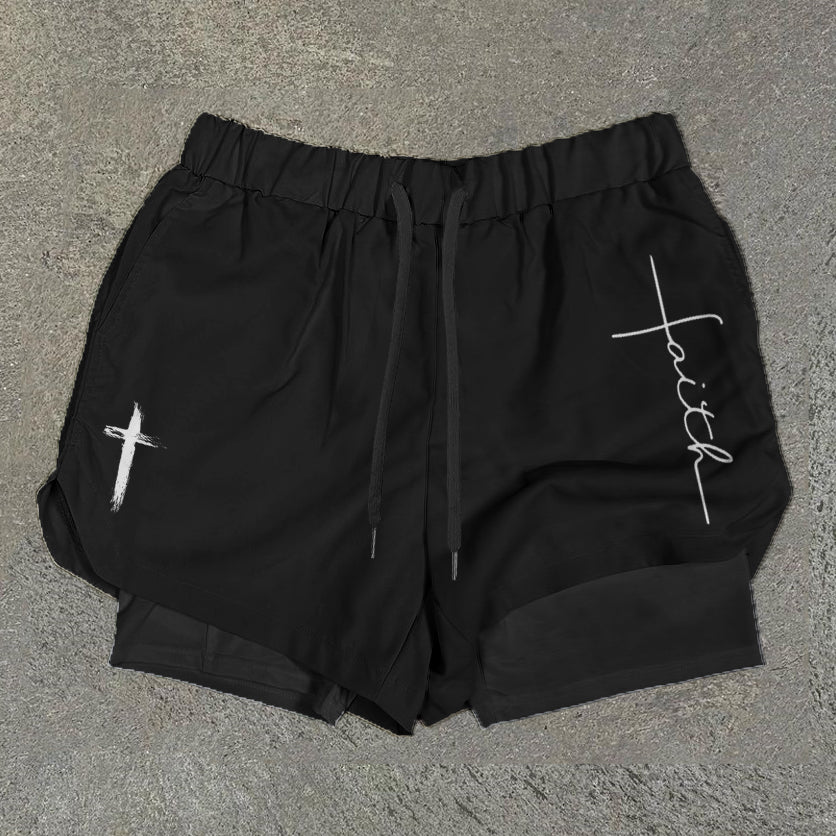 Faith Cross Print Double Layer Quick Dry Shorts