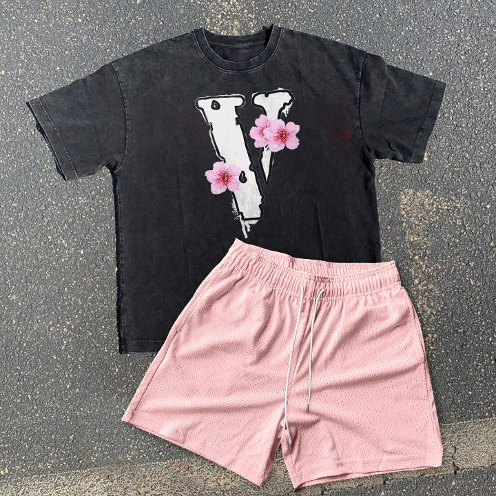 Fashion Sakura Retro Short Sleeve Shorts Set