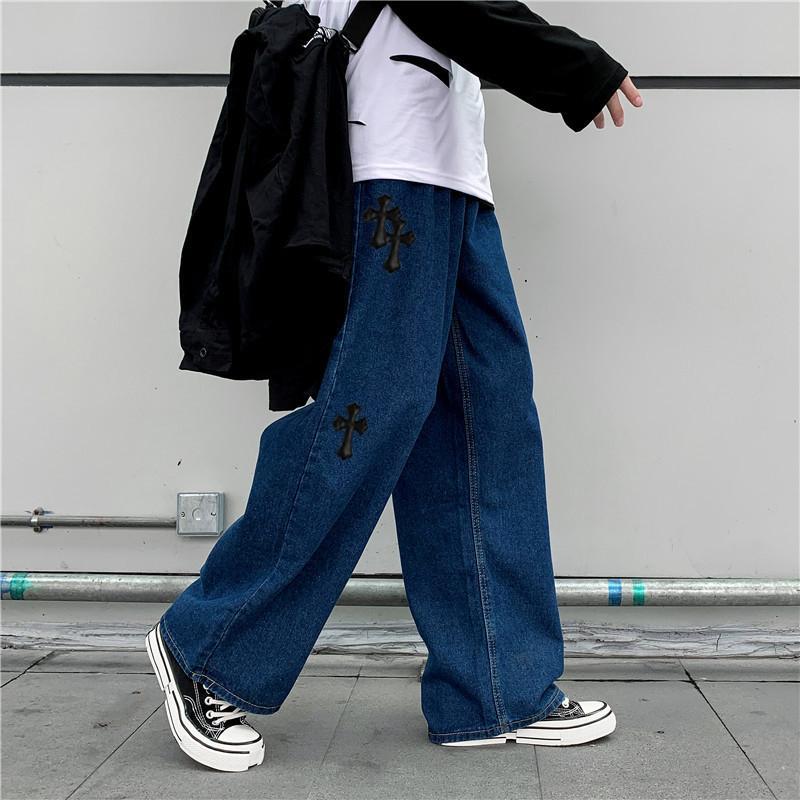 Street style cross-print casual denim trousers