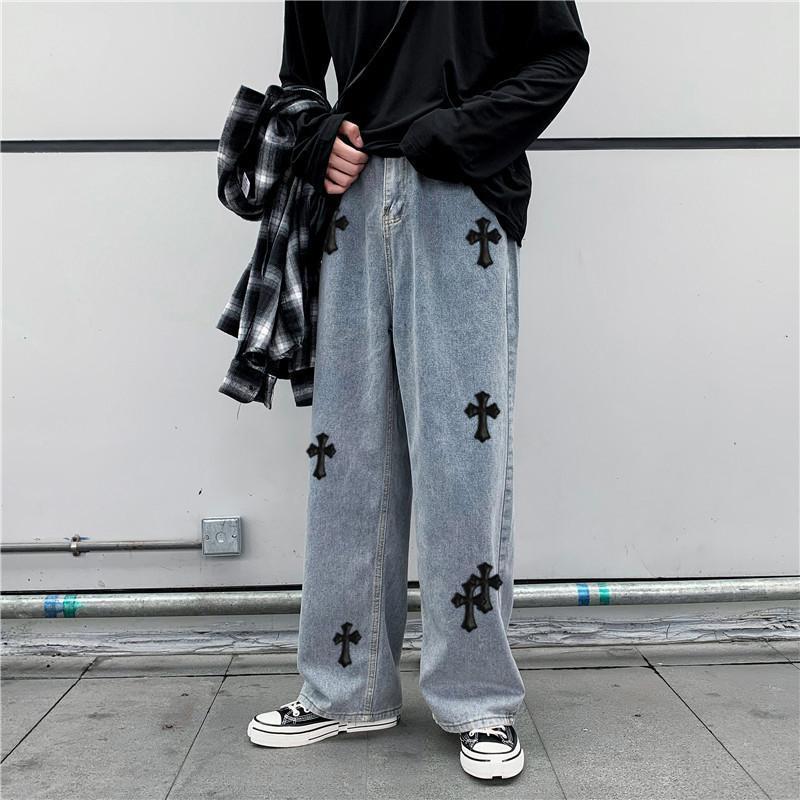 Street style cross-print casual denim trousers