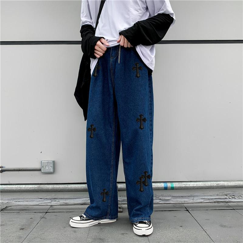 Street style cross-print casual denim trousers