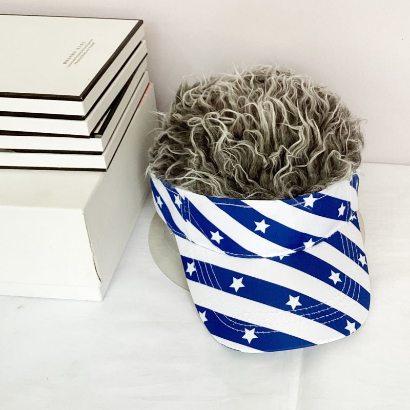 Wig baseball cap pentagram striped cap