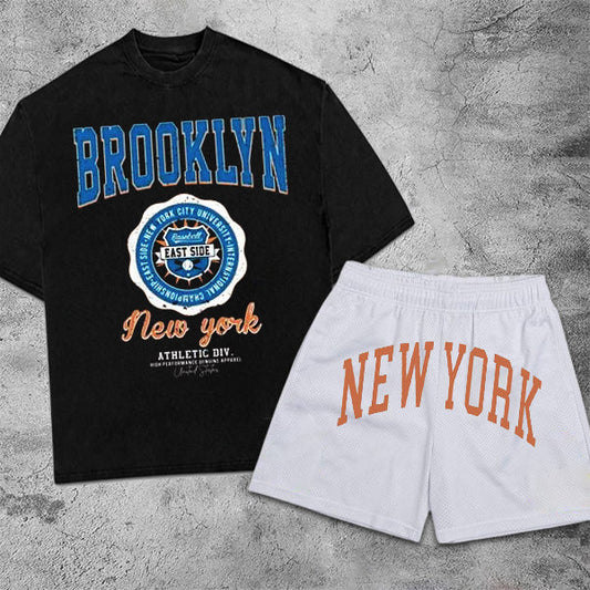 Brooklyn Slogan Graphic Print Short Sleeve Two Piece