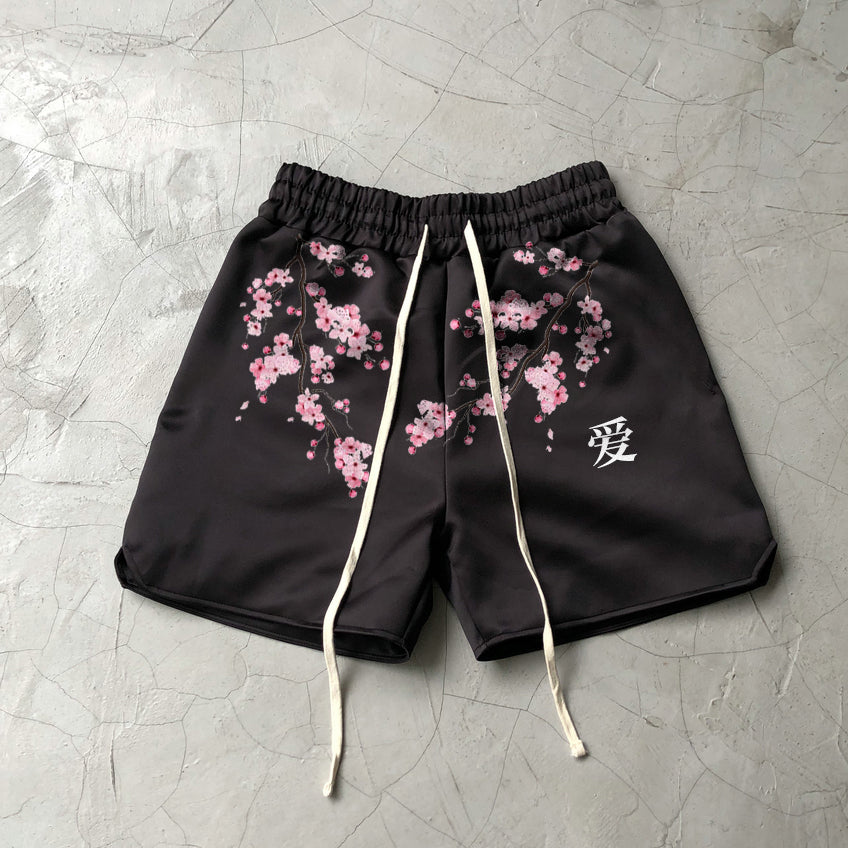 Casual Cherry Blossom Pattern Paid Street Fashion Shorts