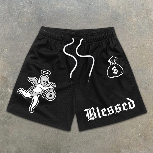 money graphic print elastic shorts