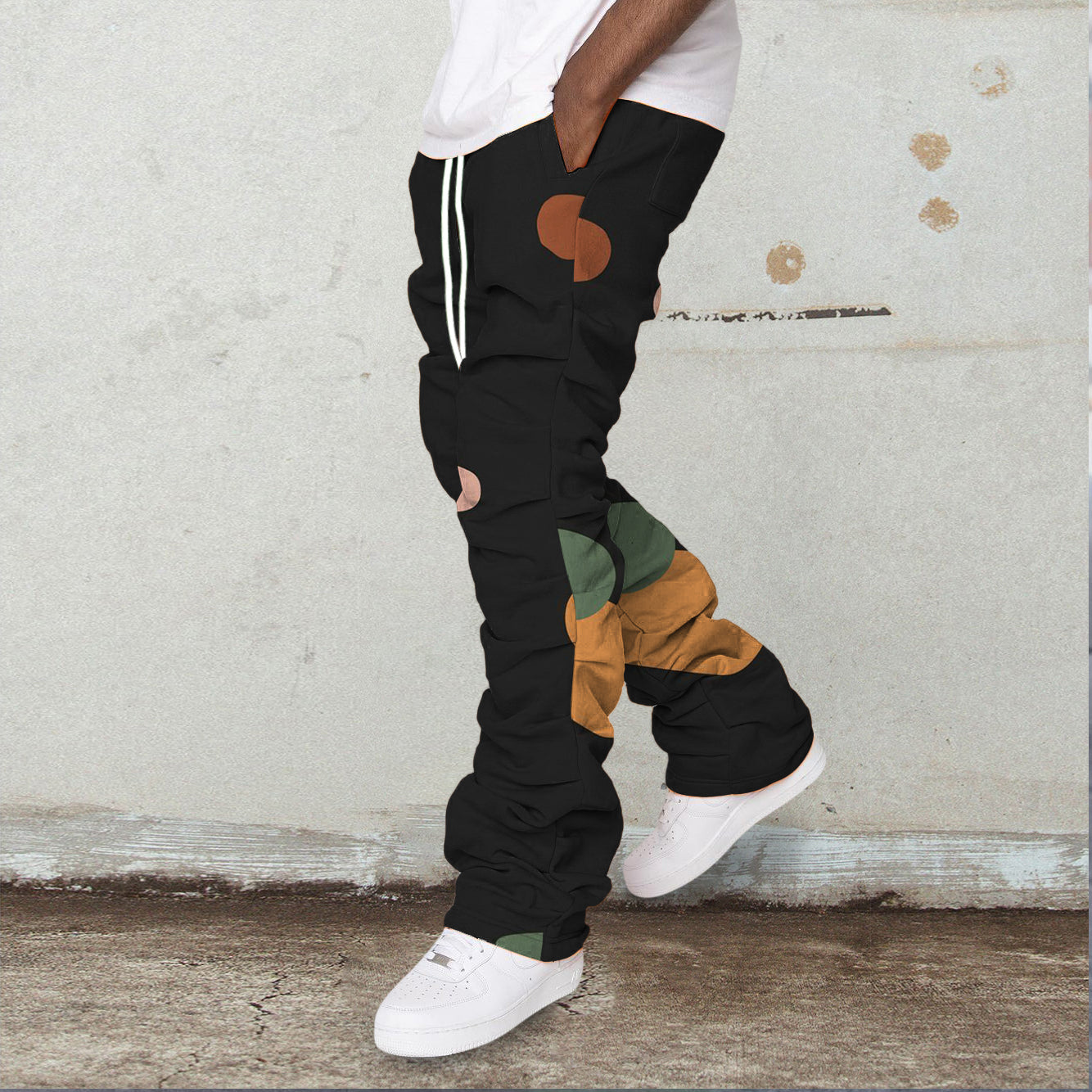 Retro trendy brand contrast color casual stacked street trousers