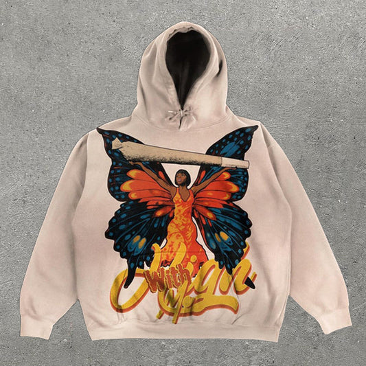 Casual Figures And Butterflies Print Long Sleeve Hoodie