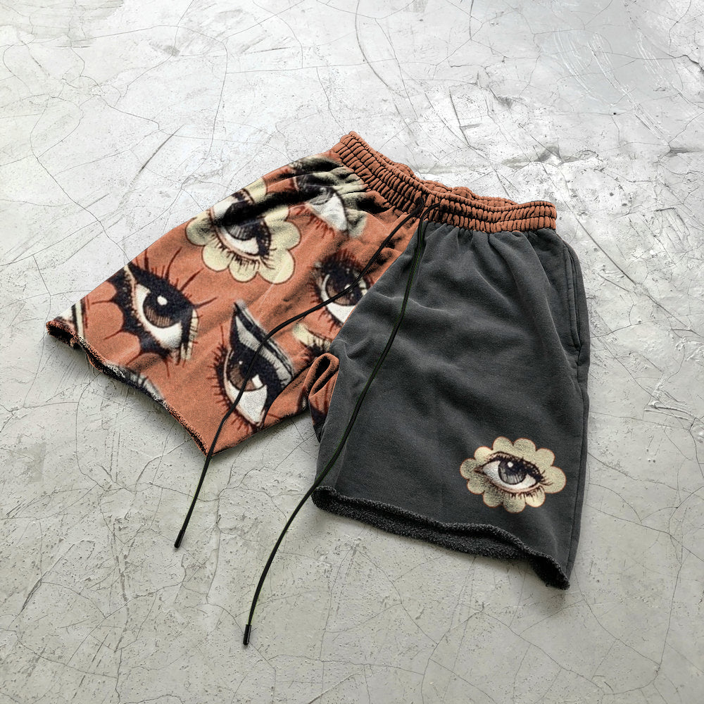 Retro art print stitching street shorts