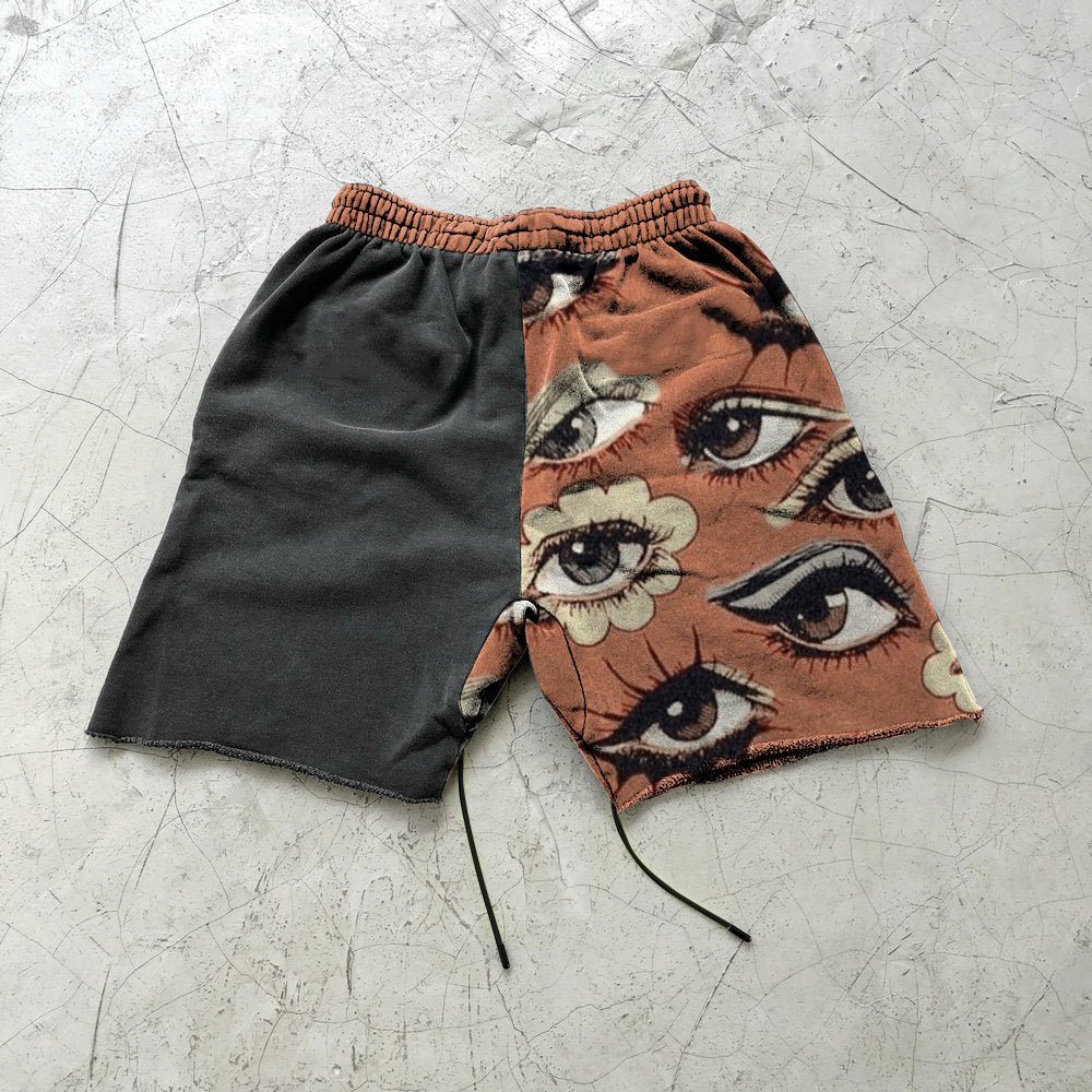 Retro art print stitching street shorts