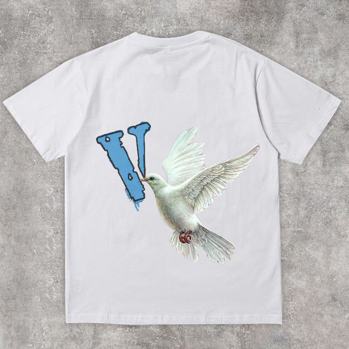 Trendy street print pigeon short-sleeved T-shirt