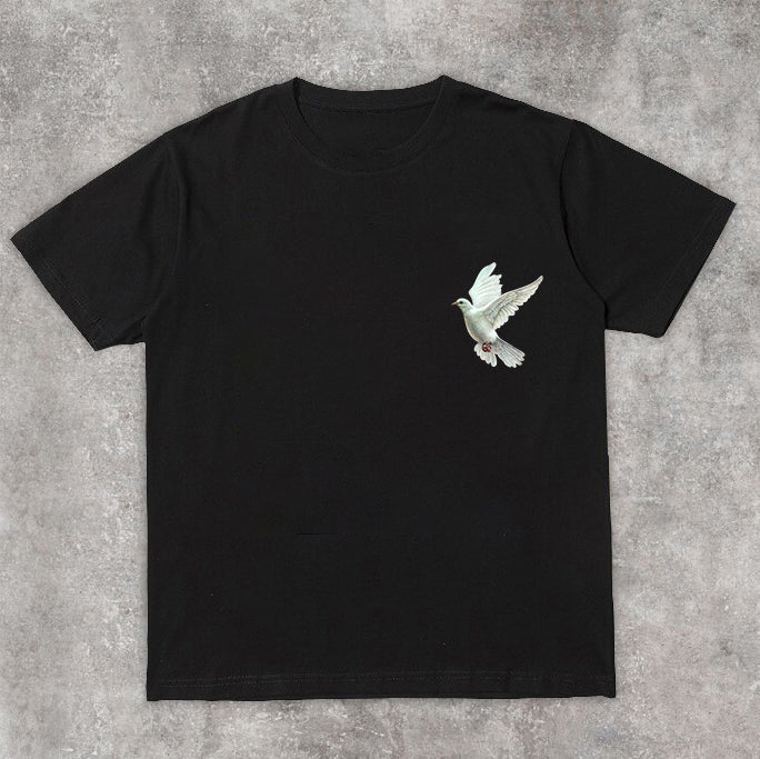 Trendy street print pigeon short-sleeved T-shirt