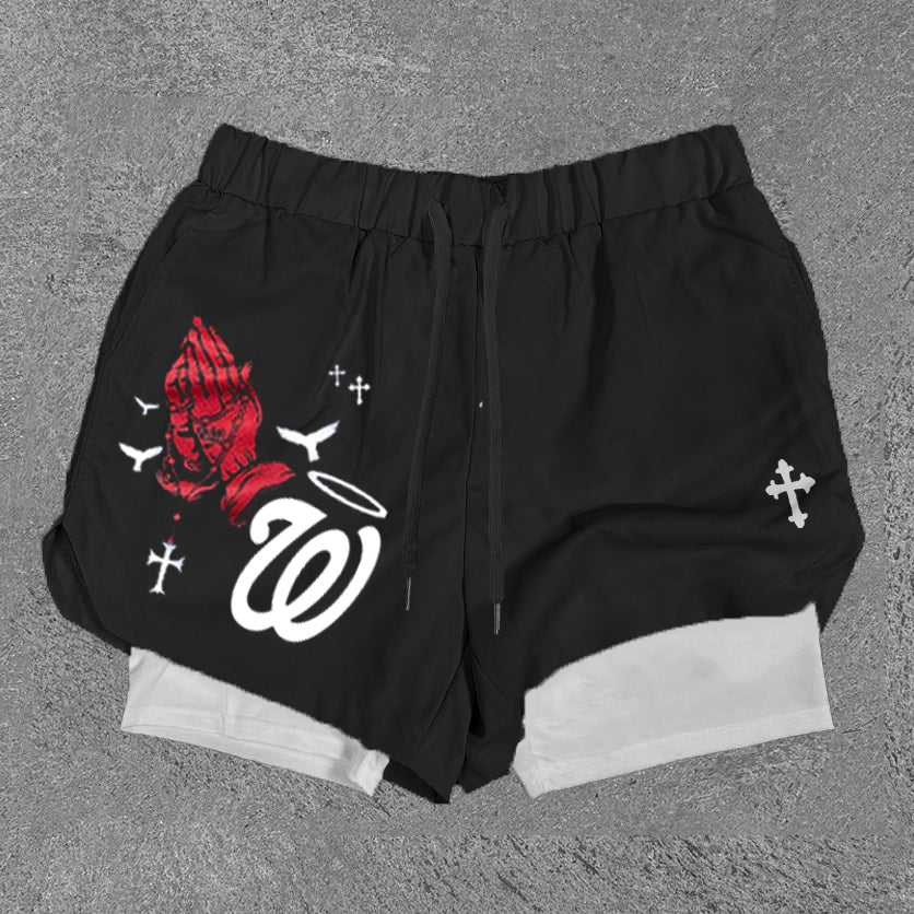 Praying Hands & W Print Double Layer Shorts