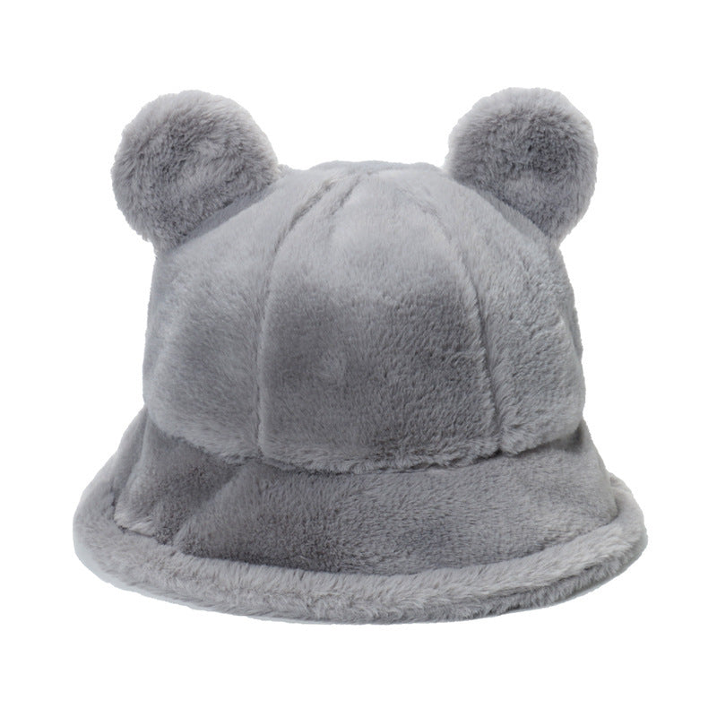 Bear ears plush fisherman hat warm and thick fur balls