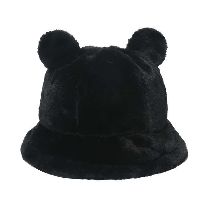 Bear ears plush fisherman hat warm and thick fur balls