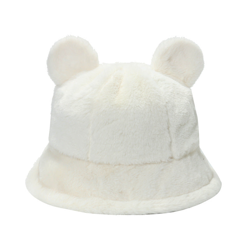 Bear ears plush fisherman hat warm and thick fur balls