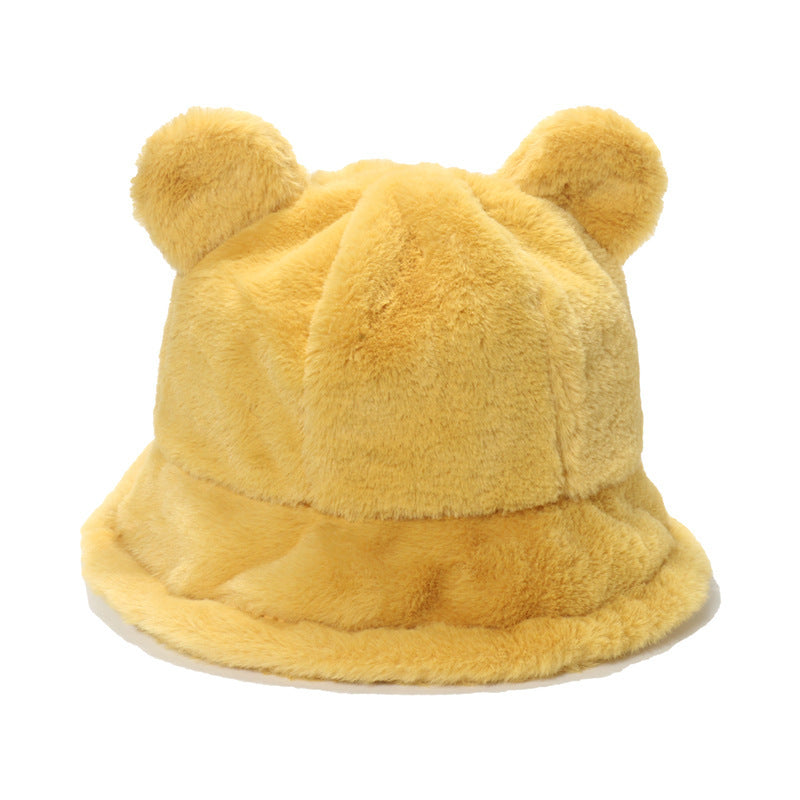 Bear ears plush fisherman hat warm and thick fur balls