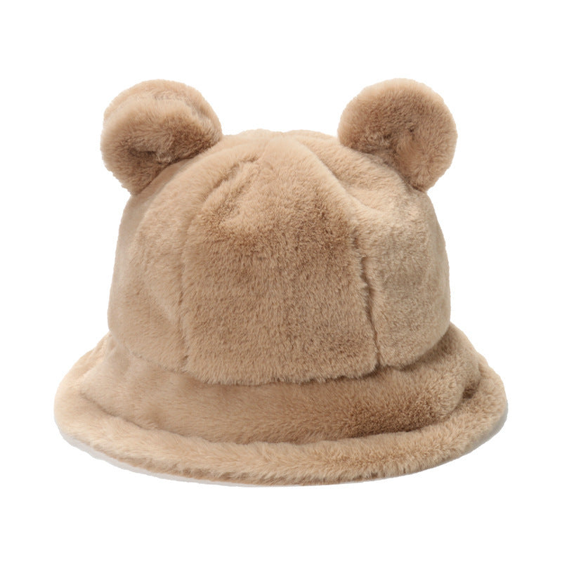 Bear ears plush fisherman hat warm and thick fur balls