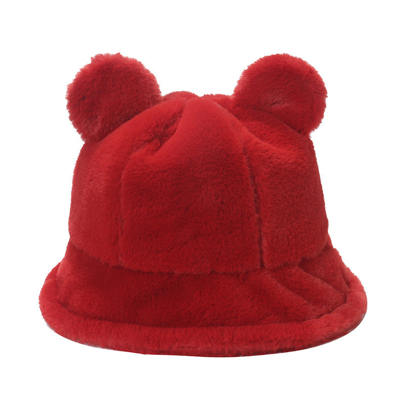 Bear ears plush fisherman hat warm and thick fur balls