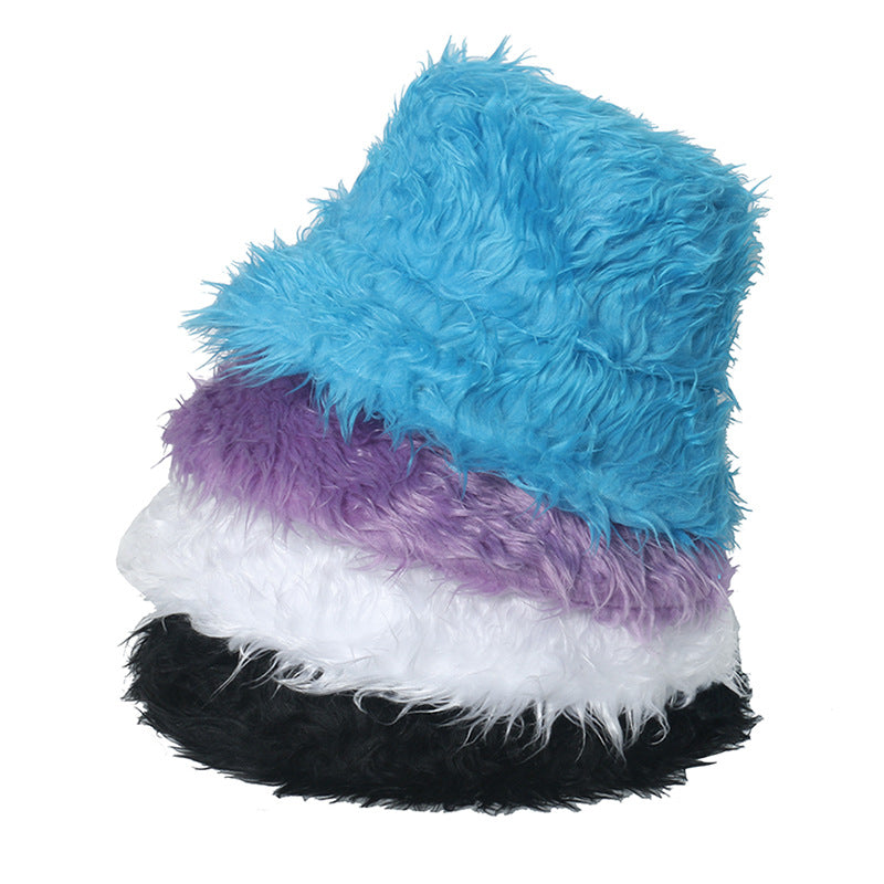 Warm Fur Plush Bucket Hat Light Board Solid Color Pot Hat