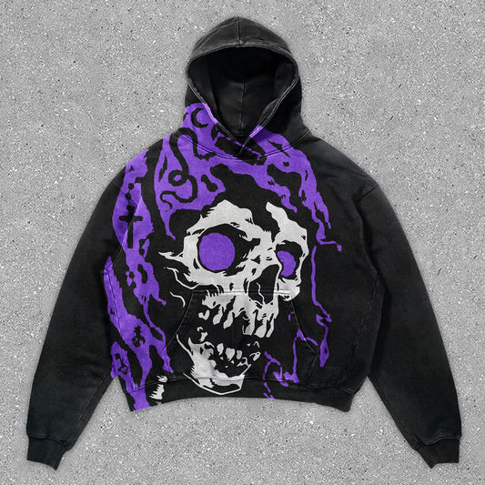 Vintage Statement Street Style Skull Print Long Sleeve Hoodie