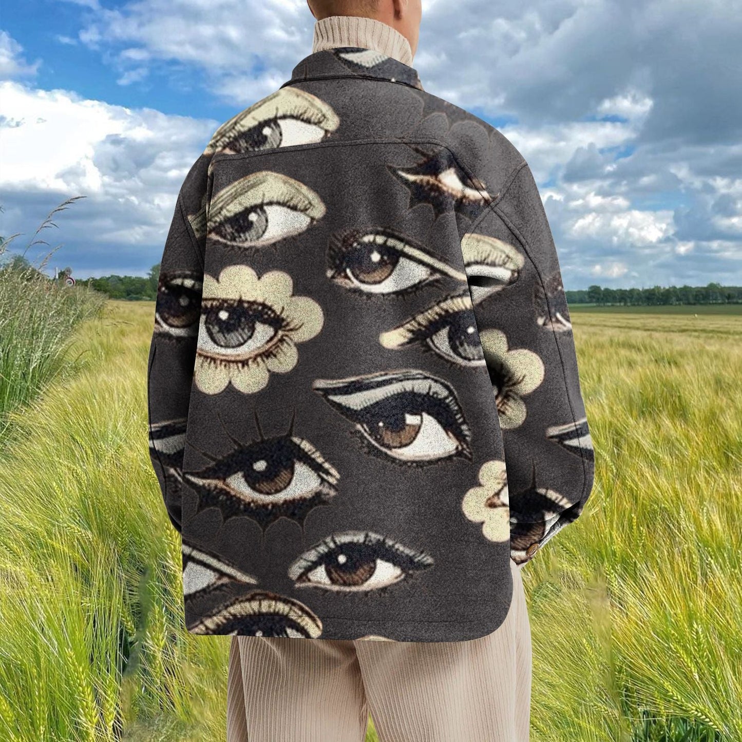 Street style jacket with vintage eyes print