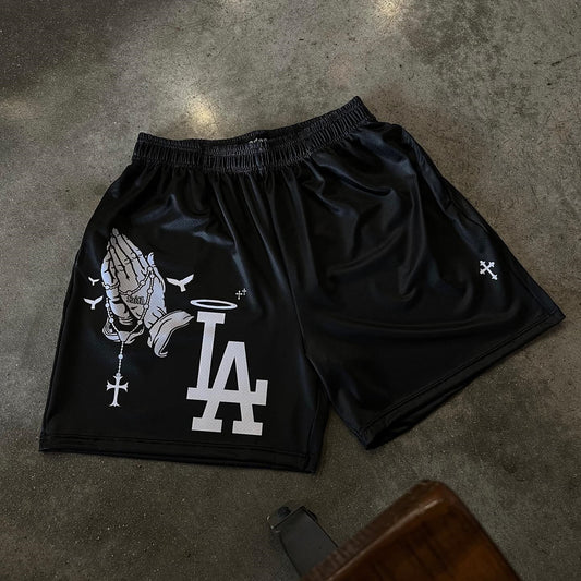 Praying Hands & Los Angeles Print Mesh Shorts