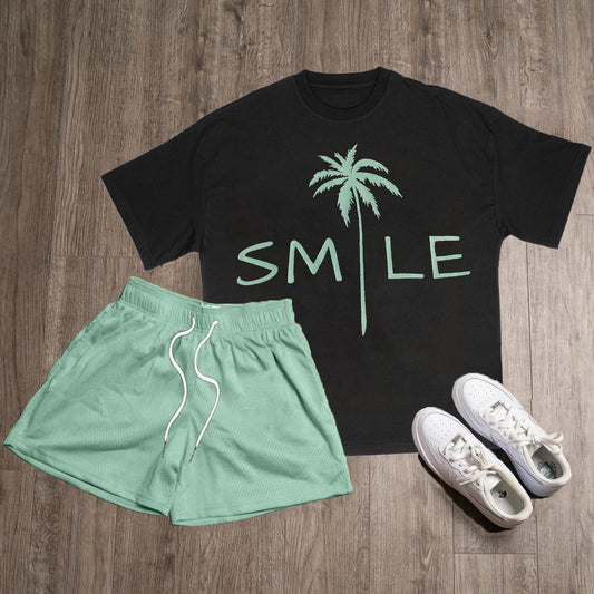 Smile & Coconut Tree Print Two-Piece Set