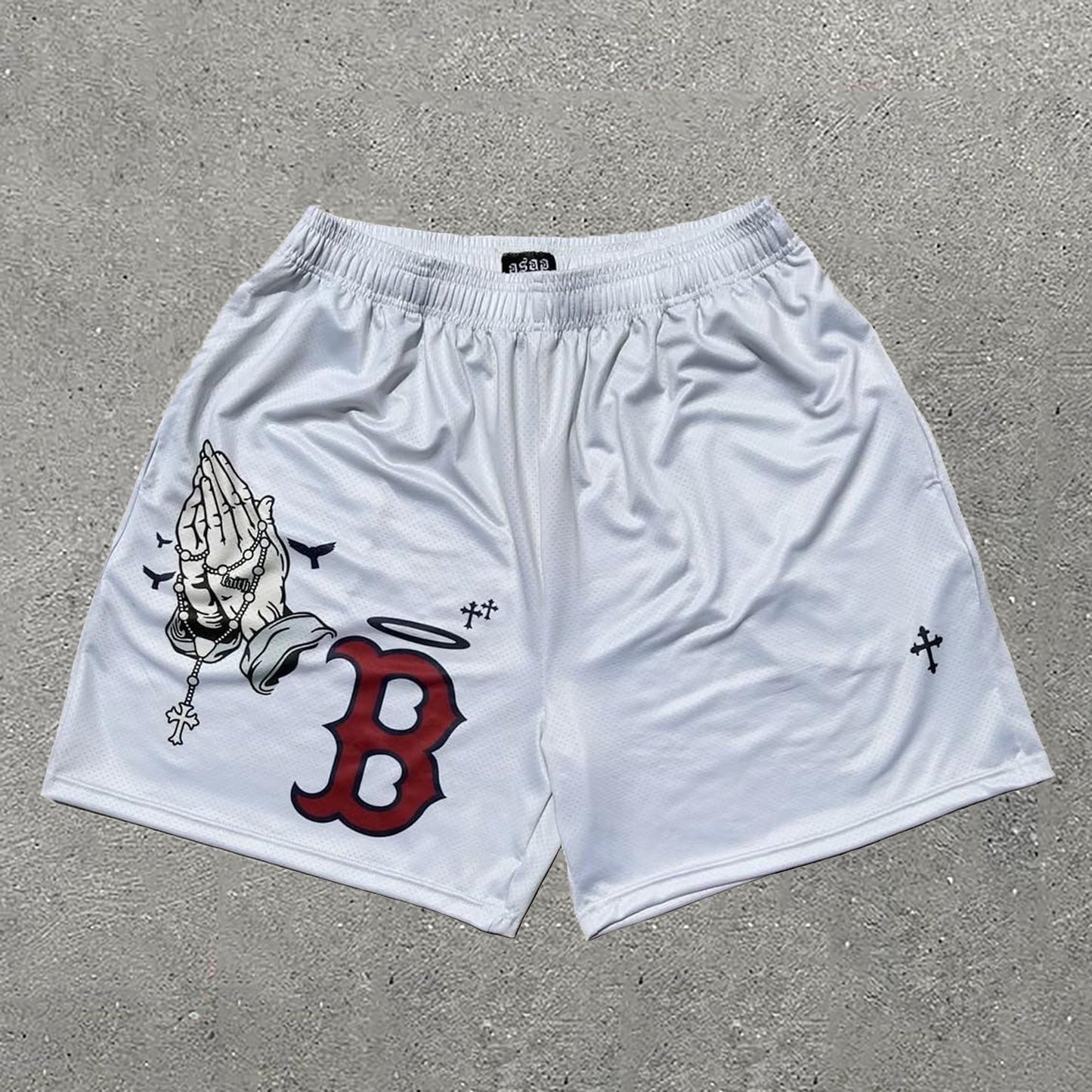 Praying Hands & Letters B Print Mesh Shorts