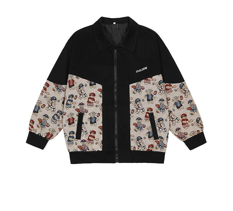 Retro cartoon bear embroidered stitching baseball uniform oversize jacket