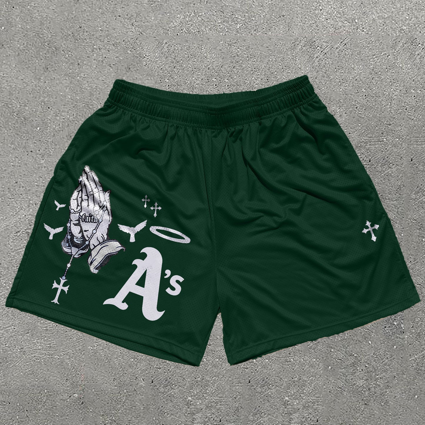 Praying Hands & A's Print Mesh Shorts