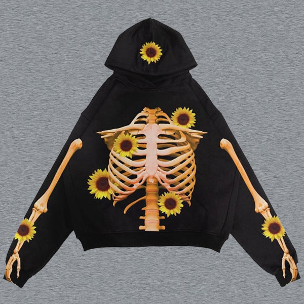 Fashion Rib Sunflower Print Hoodie