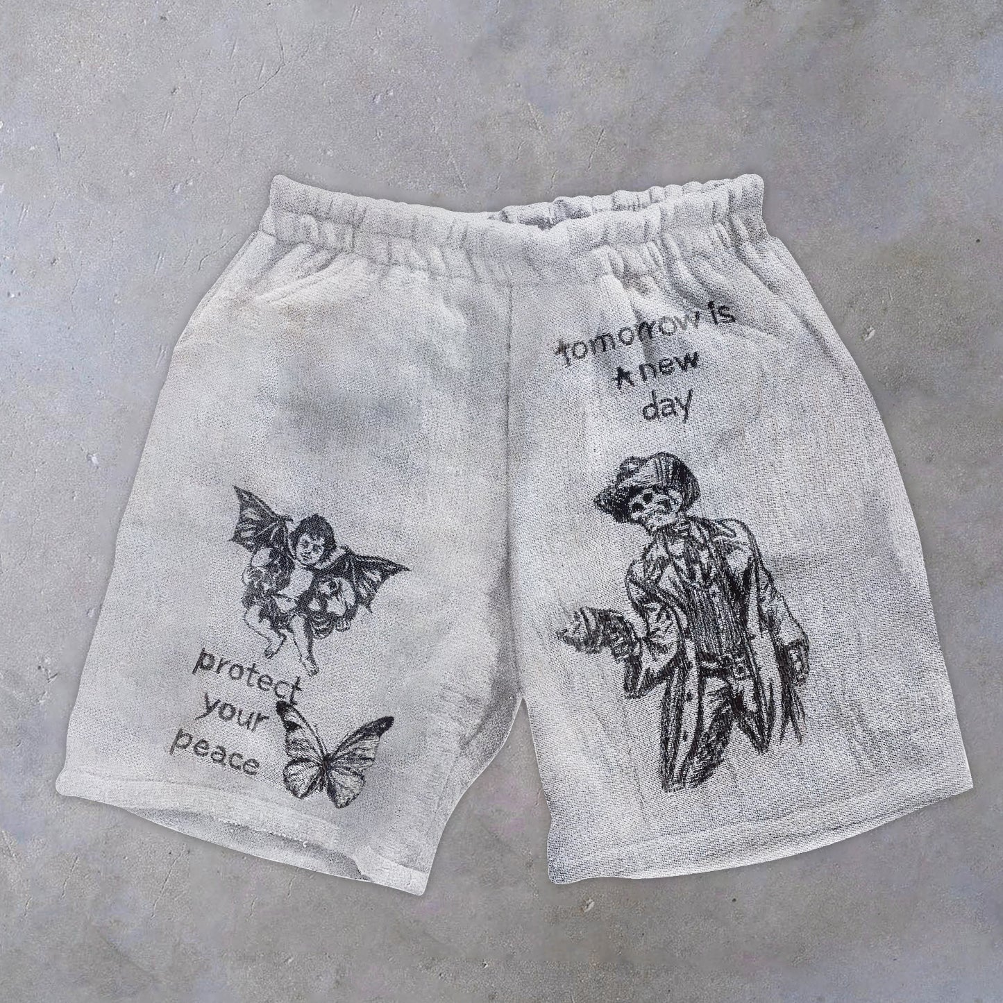 Retro Casual Angel Skull Print Shorts