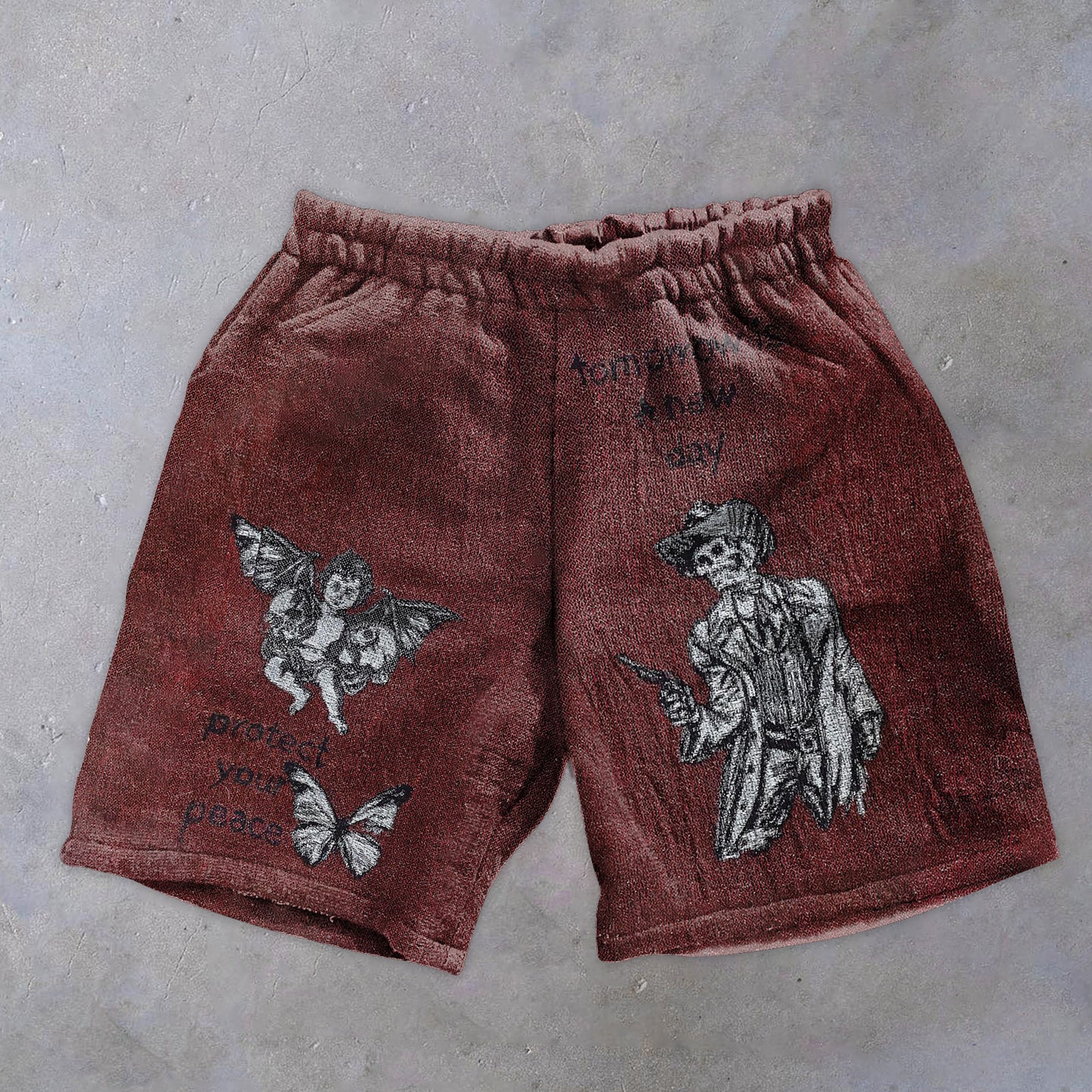 Retro Casual Angel Skull Print Shorts