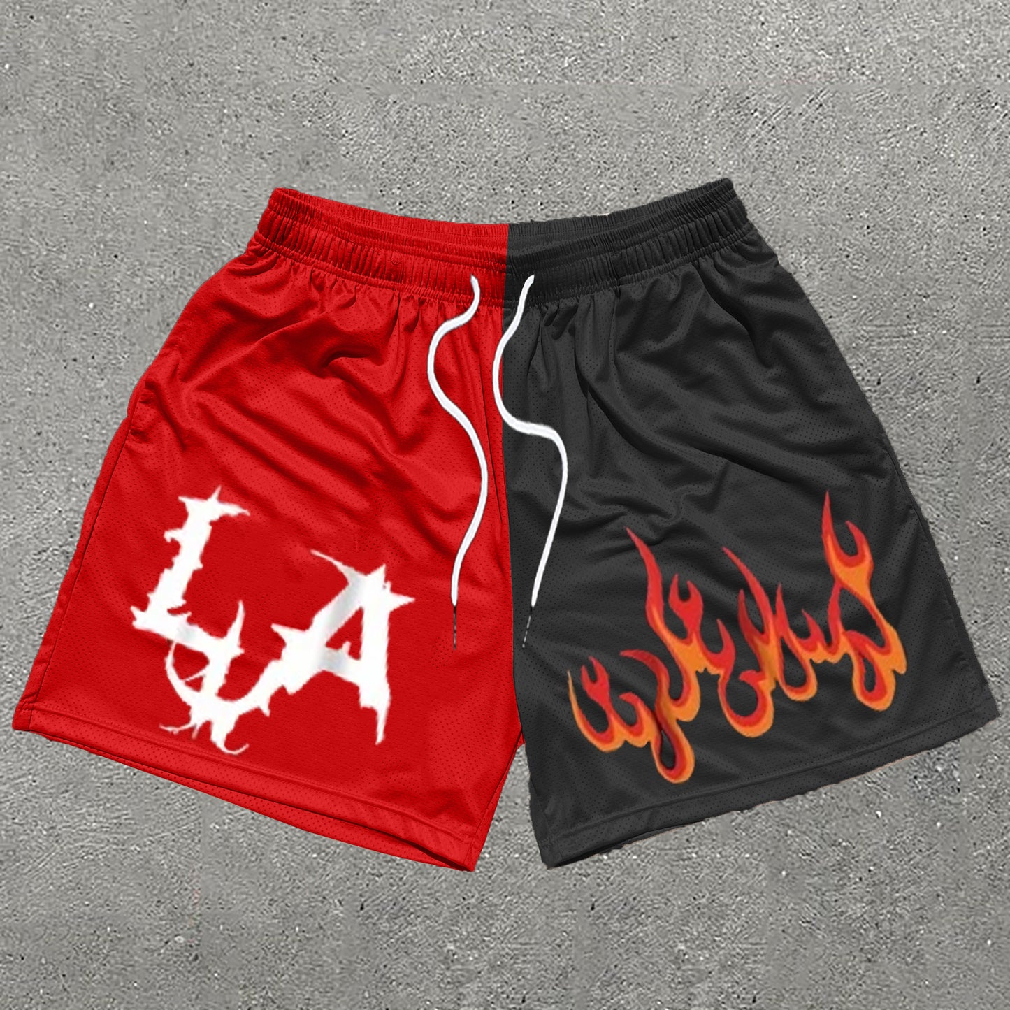 Los Angeles & Flame Print Stitching Mesh Shorts