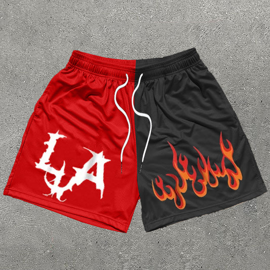 Los Angeles & Flame Print Stitching Mesh Shorts