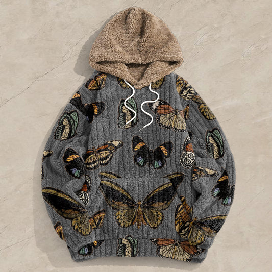 Vintage Butterfly Print Corduroy Hoodies