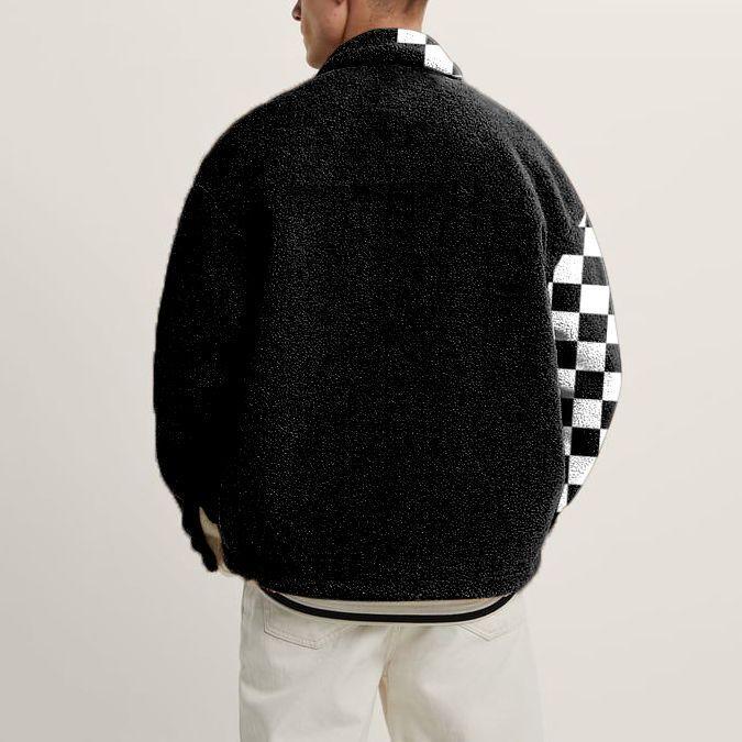 Checkerboard fashion print stitching contrast color lamb velvet jacket