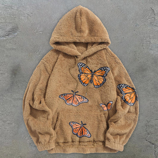 Retro Trendy Butterfly Print Plush Hoodies